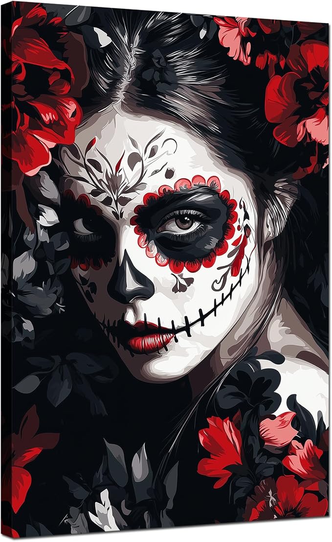 ARNLRDYA Wearing Red Flower Woman Wall Decor Mexico Day of The Dead Picture Colorful Sugar Skull Girl Wall Art Mexican Skeletons Female Poster Painting Frame Ready to Hang for Home Decor(24x36inch) - skull wall art