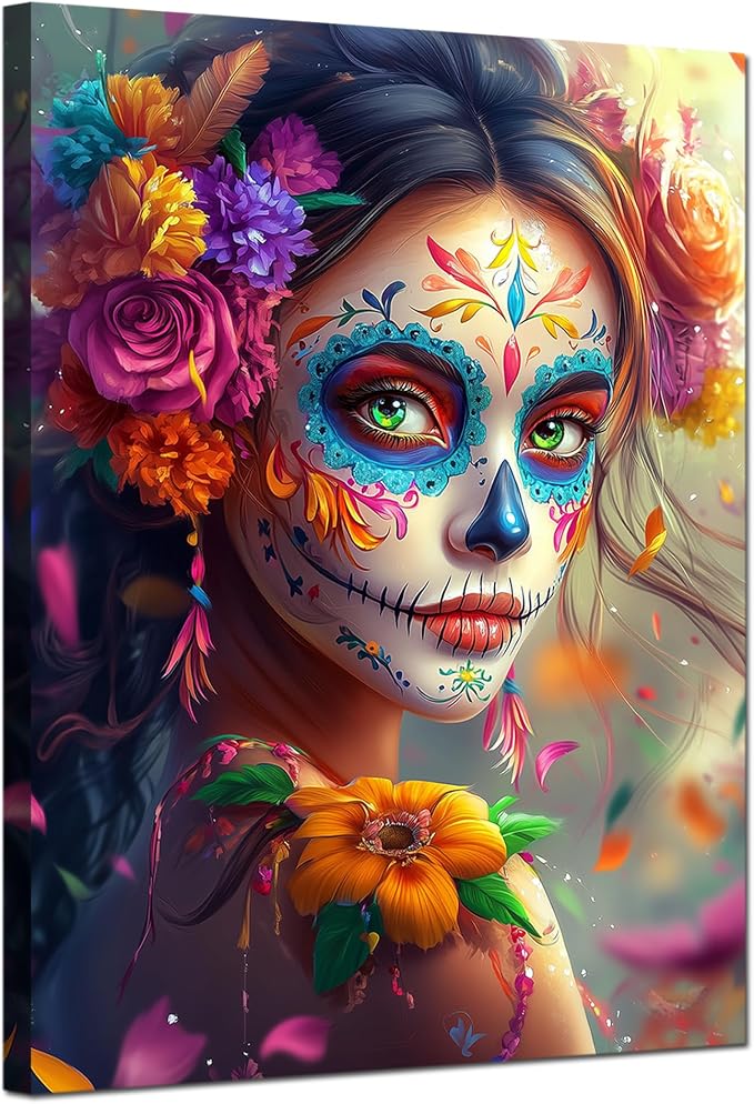 ARNLRDYA Sugar Skull Girls Wall Art Mexican Wearing Flower Woman Wall Decor Day of The Dead Pictures Canva Painting Mexican Skeleton Female Posters Frame Ready to Hang for Home Decor(12X16inch) - skull painting