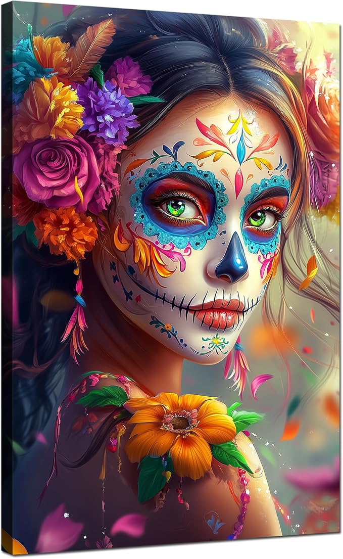 Day of The Dead Wall Art Mexico Skeleton Makeup Wall Decor Sugar Skull Girls Posters Mexican Festival Picture Flower Woman Painting Canvas Printing Frame for Home Decor Ready to Hang(24x36inch) - skull painting
