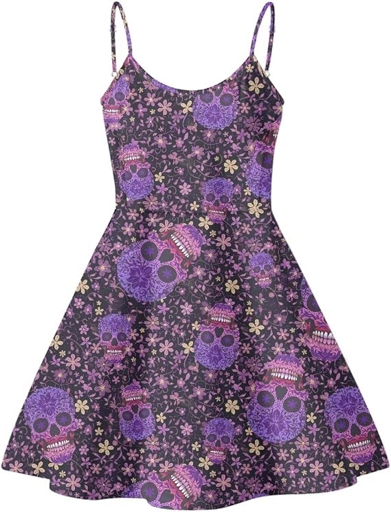 Spaghetti Strap Midi Satin Dresses Summer Sleeveless Sundree Women Girl Beach Party Swing Dress - sugar skull dress