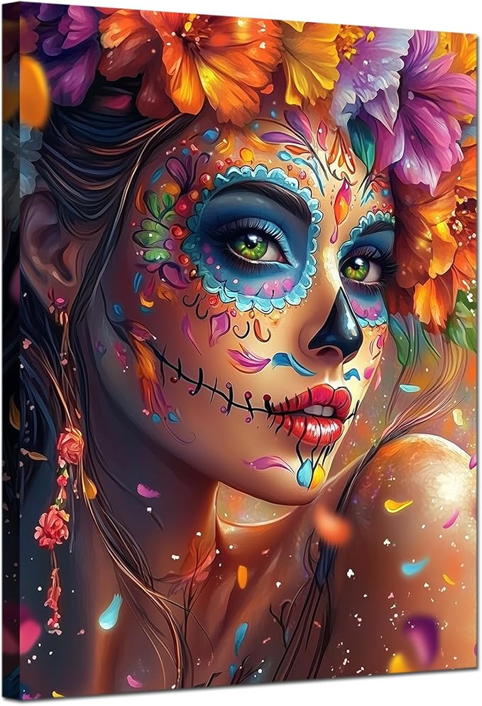 Colorful Sugar Skull Girls Wall Art Canvas Painting Wearing Flower Woman Wall Decor Day of The Dead Pictures Mexican Skeleton Female Posters Mexico Frame Ready to Hang for Home Decor(12X16inch) - skull wall art