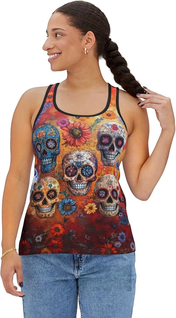 Women's Sugar Skull Festive Tank Top, Day of The Dead, Halloween, Dia de Los Muertos Tee, Mexican Skull (AOP) - skull tank tops