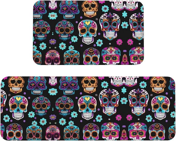 Sugar Skull Print Kitchen Floor mat Anti-Fatigue mat 2 Sets of Dining Room Sink Carpet Anti-Slip - skull carpet