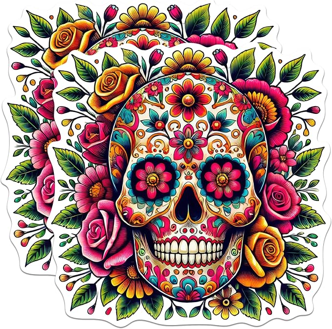 (2 Pack) Floral Sugar Skull Dia De Muertos Stickers - Floral Mexican Sugar Skull - 5 Inches On Longest Side - Premium Vinyl Decal - Sticks to Any Smooth Flat Surface - Made in USA - BMCS2061 - skull sticker