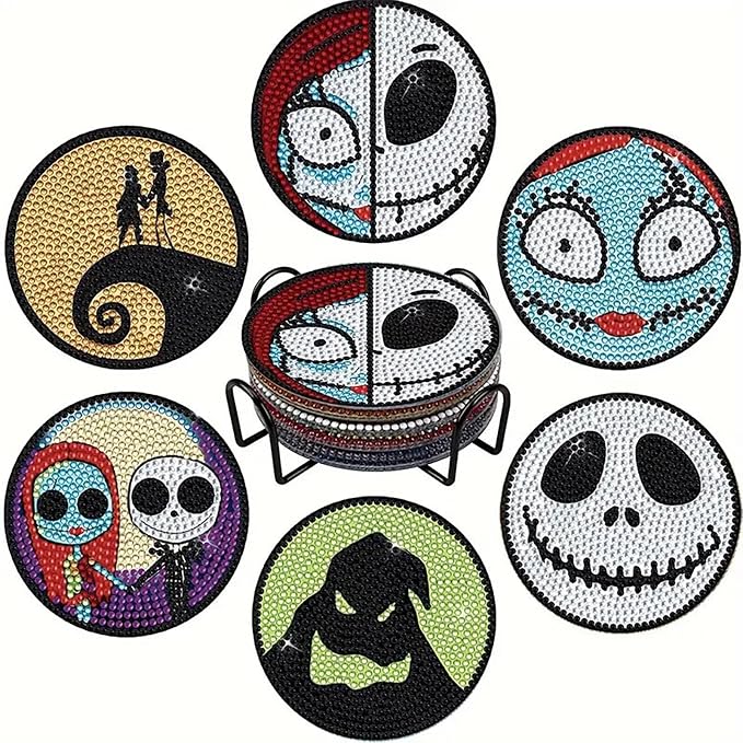 OFDNE Halloween Diamond Paintings Kits with Holder,6Pcs DIY Nightmare Christmas Coaster Diamond Art Kits,Full Coasters Diamond Painting Kits for Adults Beginners Art Craft Supplies - skull coaster