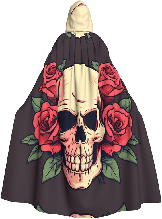 Halloween Adult Hooded Cape for Parties and Costumes - Easy Care Day Of The Dead Sugar Roses Skull Prints - sugar skull dress