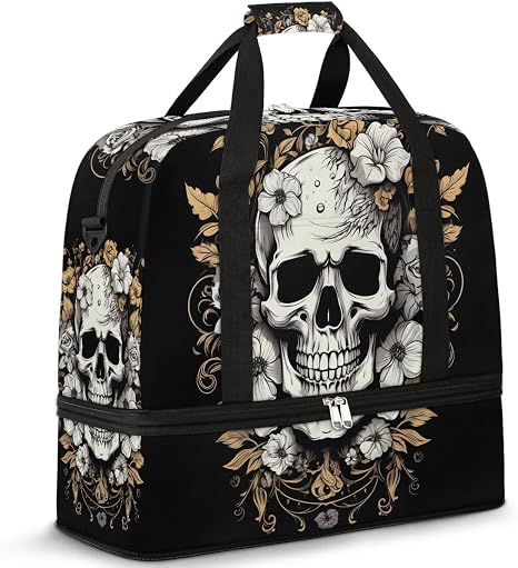cfpolar Woman Travel Duffel Bag Vintage Flower Skull Foldable Tote Carry On Luggage Sports Gym Bag With Shoe Compartment Overnight Weekend Yoga Workout Bag Training Handbag - sugar skull handbags for sale