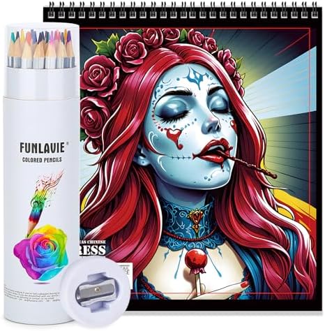 24 Colored Pencils + Coloring Book Sugar Skull Women Design - sugar skull book