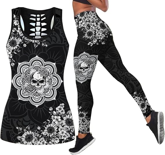 Women’s Sugar Skull Yoga Outfits for Women 2 Piece Sets, Summer Tank Tops Leggings Workout Activewear for Girls - skull tshirt