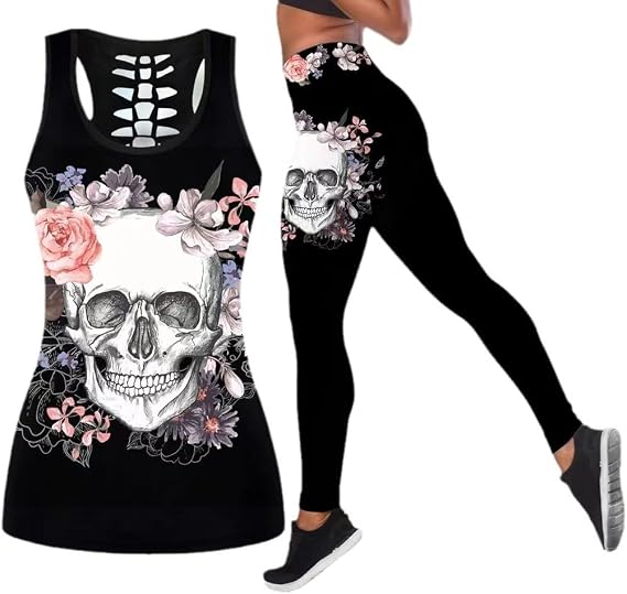 Women’s Sugar Skull Yoga Outfits for Women 2 Piece Sets, Summer Tank Tops Leggings Workout Activewear for Girls - skull tank tops
