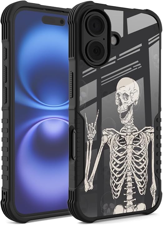 Compatible with iPhone 16 Case, Rock and Roll Skull Skeleton Bone Love Music Design Heavy Duty Anti Slip Shockproof Hard PC Backplane Soft TPU Prevention Protective Case for iPhone 16 - Skull phone case