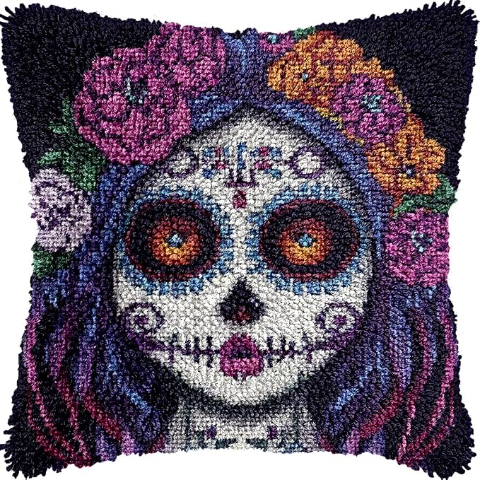 DIY Latch Hook Kits Pillowcase Beautiful Sugar Skull Girl Crochet Yarn Pre-Printed Cushion Needlework Pillow Hook and Latch Kit Cushion Home Sofa Decoration 43x43cm(4) - skull carpet