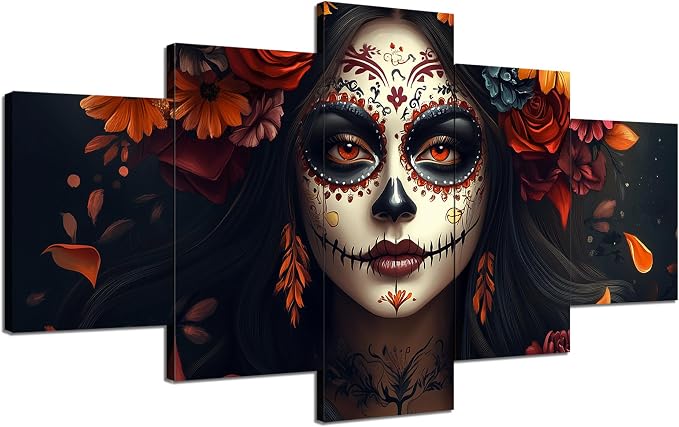 ARNLRDYA Day of The Dead Wall Decor Skull Makeup Girl Wall Art Marigold Mexico Poster Mexican Painting Floral Picture HD Canvas Printing Frame for Festivals Gift Home Decor Ready to Hang(60x32inch) - skull painting