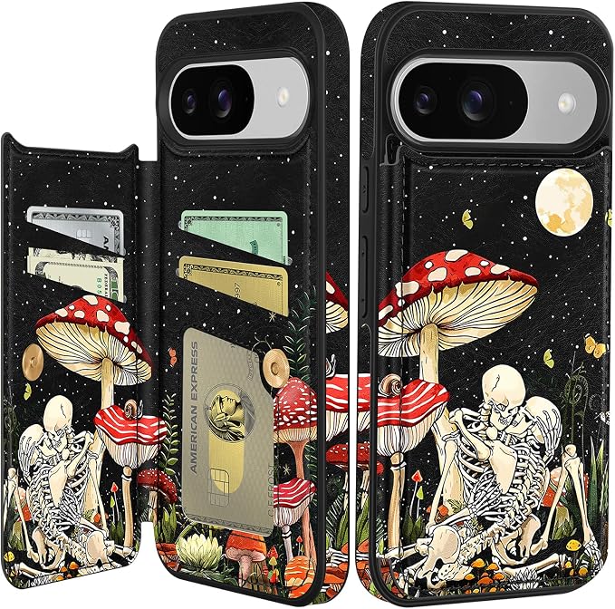 Shorogyt for Google Pixel 9/9 Pro Wallet Case, Mushroom Skull - Skull phone case