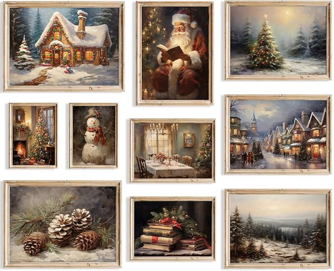KBKBART Christmas Wall Art Prints Set of 10 Rustic Xmas Wall Decor Unframed - skull wall art