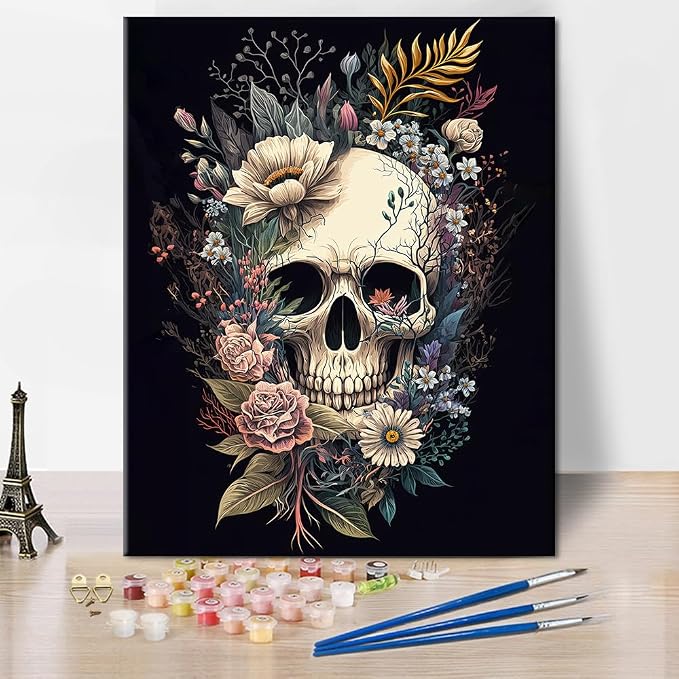 TUMOVO Paint by Numbers Skull with Flowers Paint by Number for Adults