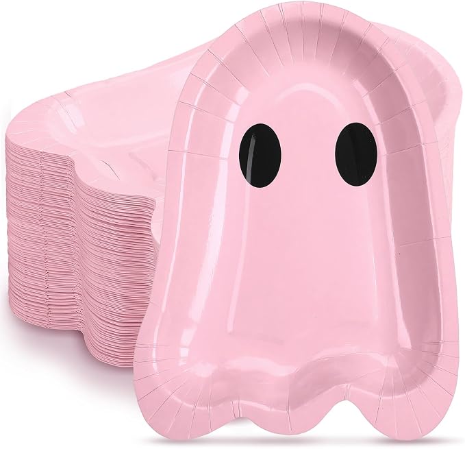 FoldTier 100 Pcs 9'' Halloween Pink Paper Plates Ghost Disposable Plates - skull plate