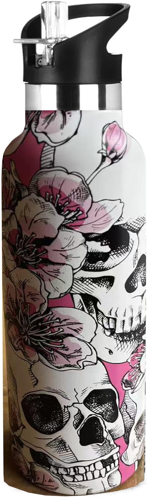 Skull Sport Water Bottle with Straw, Vacuum Insulated Stainless Steel Thermal Drinking Travel Mug Cups For Gym Fitness Camping-20oz/600ml - skull bottle