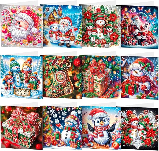 Diamond Art Painting Christmas Cards, 12 Pack DIY 5D Diamond Greeting Cards Kits for Adults Diamond Xmas Greeting Cards with Envelopes Gem Christmas Gift for Families, Friends, Partners - skull painting
