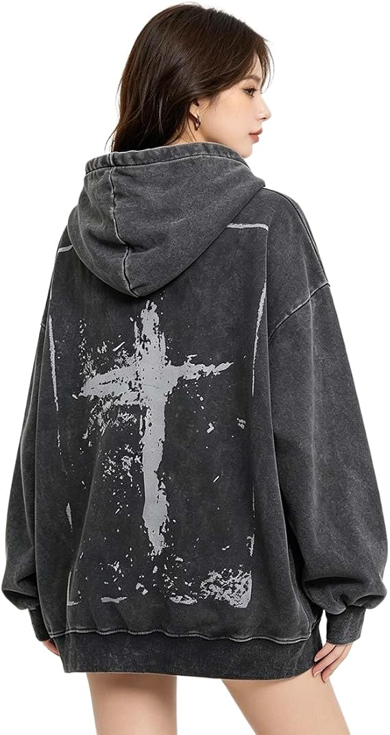 MLAFE Gothic Cross Print Hoodie Y2K Washed and Aged Print Hooded Sweatshirt Man and Woman Grunge, Harajuku Pullover - skull hoodie