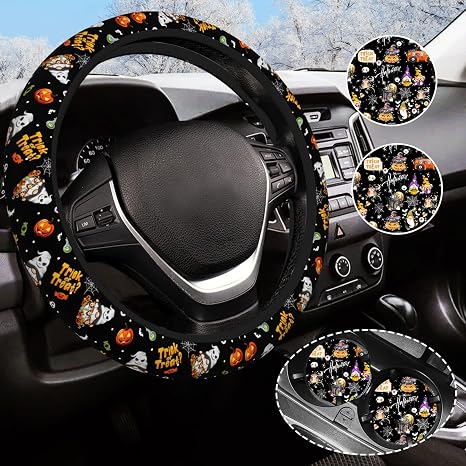 Halloween Steering Wheel Cover Anti-Slip and Practical 14.5-15 Inch Universal Steering Wheel Cover with 2 Pieces Car Coasters Suitable for Men Wome - skull coaster