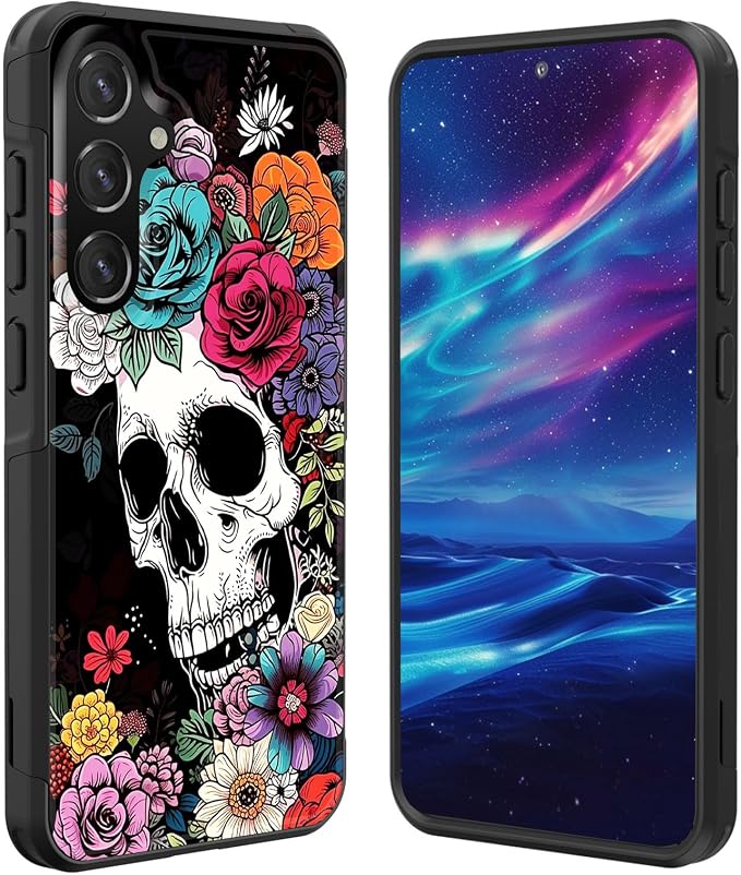 for Galaxy S24 FE Case,[10 FT Military Grade Drop Protection] Non-Slip Heavy Duty Shockproof Phone Case for Samsung Galaxy S24 FE 6.7 Inch 2024,Flower Skull - Skull phone case