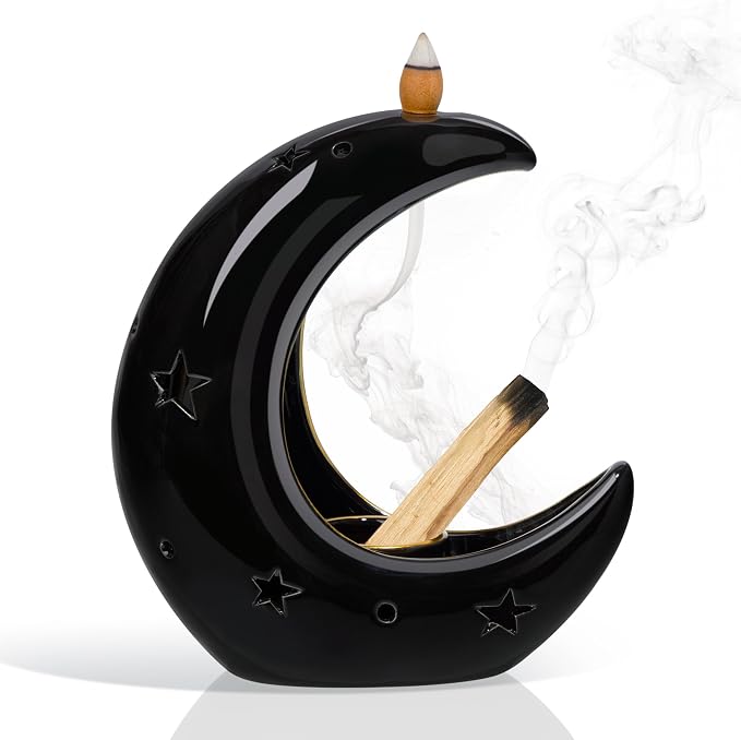 ZenBless Moon Versatile Ceramic Backflow Incense Holder and Burner Waterfall,for Burning Sage, Palo Santo, Backflow Cone and Candle,Aromatherapy Ornament Home Room Decor,the Ideal Present (Black) - skull incense burner
