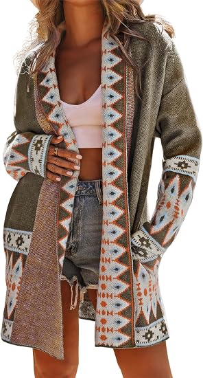 ebossy Women's Fashion Aztec Print Jacquard Knit Open Front Cardigan Lapel Long Sleeve Boho Graphic Long Sweater Coat - skull jacket