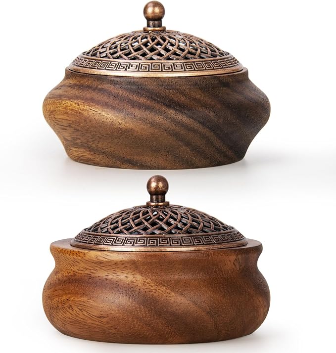 2 Pack Incense Cone Holder, Retro Wooden Cone Incense Burner Holder with Brass Cover, Vintage Bakhoor Burner for Sticks Coil, Frankincense Room Home Decor Yoga Spa Meditation (P) - skull incense burner