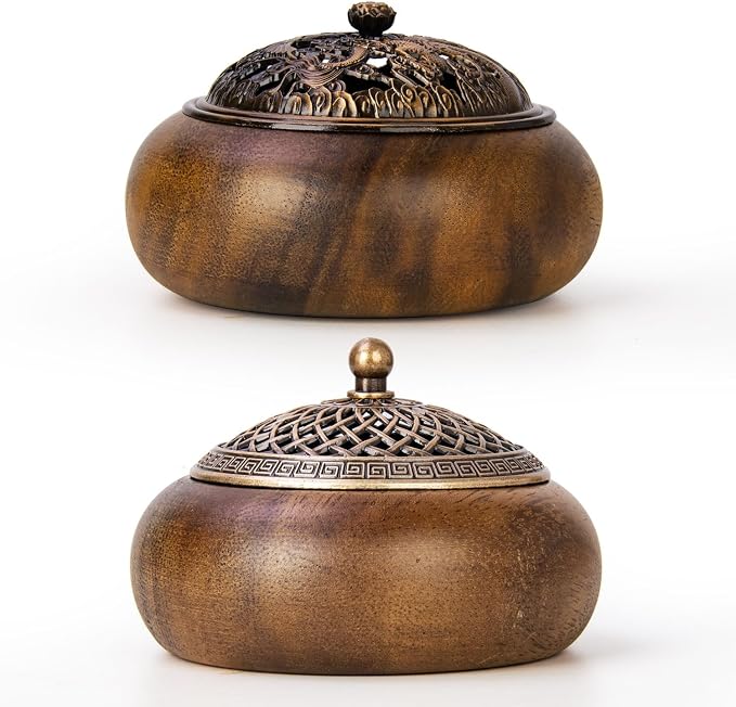 2 Pack Incense Cone Holder, Wooden Incense Burner with Brass Cover, Bakhoor Burners for Sticks Coil, Frankincense Room Home Decor Yoga Spa Meditation (R) - skull incense burner