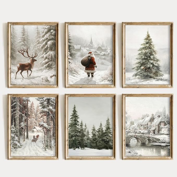 Pennclys Vintage Christmas Wall Art Winter Canvas Wall Decor Christmas Tree Poster Santa Claus Farmhouse Prints Christmas Reindeer Pictures for Living Room Bathroom 8x10x6 Inch Unframed - skull painting