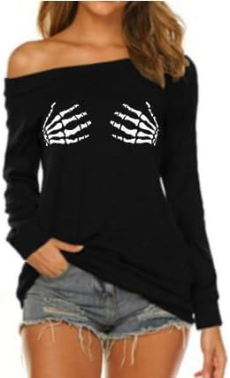 COLORFUL BLING Halloween Skull Shirts Long Sleeve Skull Graphic Print Slouchy Shirt Crewneck Pullover for Women - skull sweatshirts