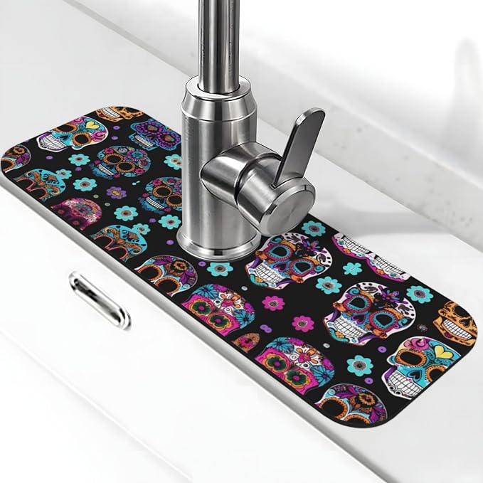 Sugar Skull Print Kitchen Sink Mats,Faucet Mat,Super Absorbent Fast Drying Mat For Kitchen Bathroom Sink Mat - skull toilet mat