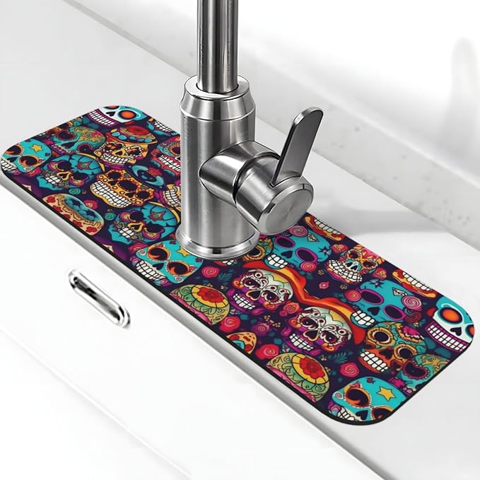 Sugar Skulls Print Kitchen Sink Mats,Faucet Mat,Super Absorbent Fast Drying Mat For Kitchen Bathroom Sink Mat - skull toilet mat