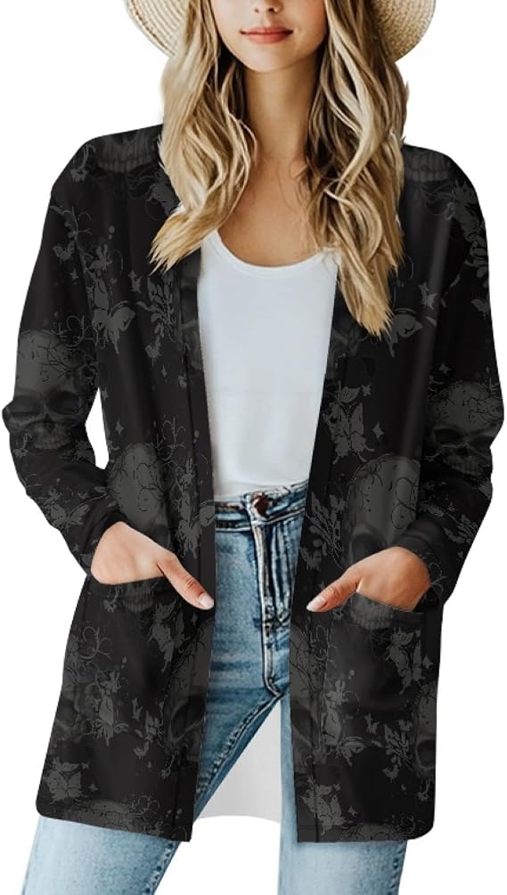 Gothic Skull Women Cardigan Sweaters Casual Open Front Cardigans Soft Draped Long Sleeve Jackets Dusters V-Neck Tops - skull jacket