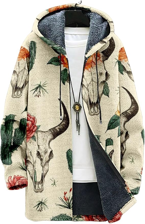 DMOYALA Men's Cardigan Sweater Western Aztec Jackets Vintage Hooded Zipper Hoodies for Men Fleece Knit Sweater Coats Pocket - skull jacket