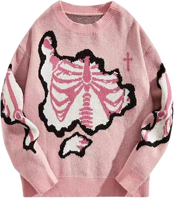 CORIRESHA Women's Halloween Skeleton Sweater Round Neck Y2k Pattern Loose Knitted Gothic Pullover Top - skull sweatshirts
