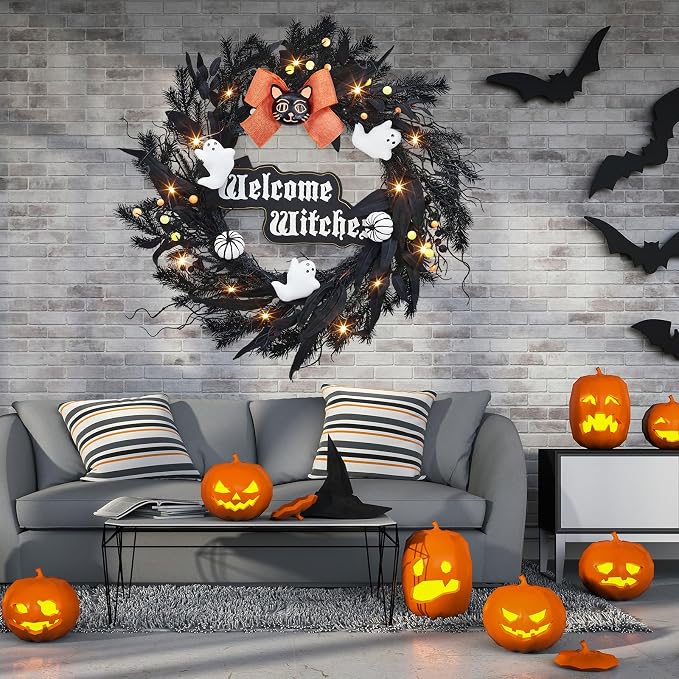 22" Halloween Wreath with 20 Lights for Front Door, Black Orange White Artificial Pumpkin Wreath for Fall and Halloween Indoor Outdoor Home Party Decor - skull wreath