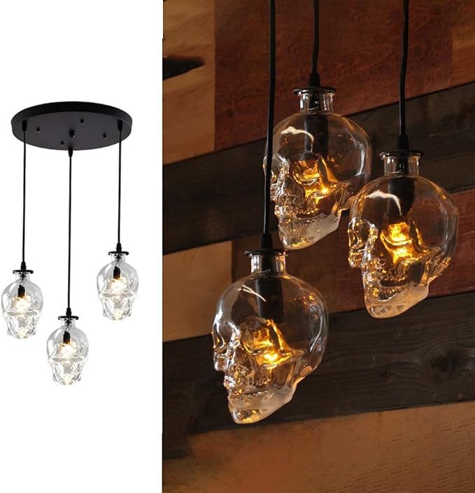3-Light Skull Shaped Glass Chandelier, Industrial Pendant Light - skull lamp