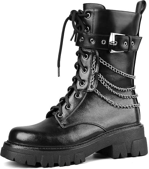 Motorcycle Boots for Women Combat Boots Rhinestone Chains - sugar skull costume