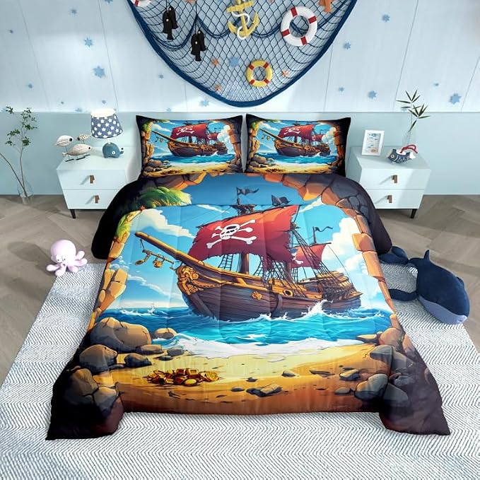 Castle Fairy Pirate Boat Comforter Set Queen Size for Kids Boys Girls Navigation Treasure Adventure Bedding Sets All Season Gothic Sugar Skull Quilt Set Bedroom Decor Nautical Down Comforter,3Pcs - sugar skull boots
