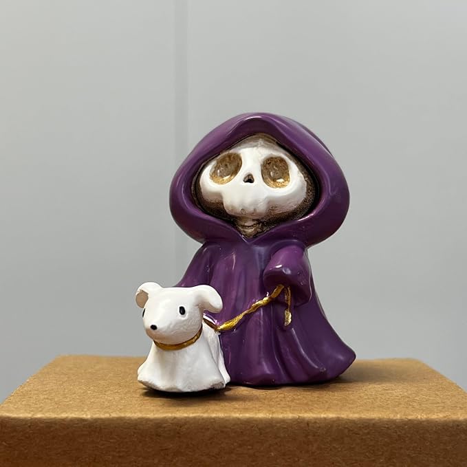 Adorable Skull Grim Reaper Statue with Ghost Dog Figurine, Halloween Decor - skull figurine