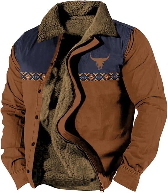 DMOYALA Western Aztec Jackets for Men Fleece Cowboy Shirt Jackets Cow Skull Graphic Coats Long Sleeve Jackets with Pocket - skull jacket
