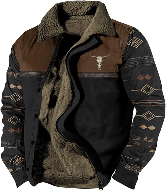 DMOYALA Western Aztec Jackets for Men Fleece Cowboy Shirt Jackets Cow Skull Graphic Coats Long Sleeve Jackets with Pocket - skull jacket