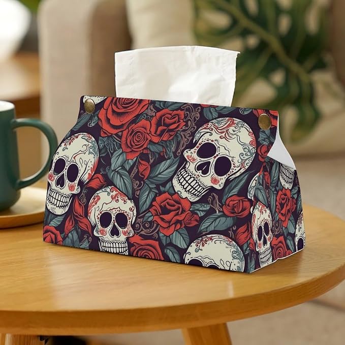 Tissue Box Cover Sugar Skulls and Red Roses Tissue Box Holder Decorative Tissue Cover Facial Tissue Dispenser for Bathroom Vanity Countertop Living Room Bedroom Office - skull toilet paper