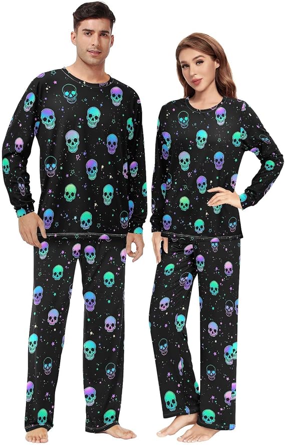 Fustylead Western Cactus Desert Themed Matching Couple Pajama Sets 2 PCS Long Sleeve Lounge Sleepwear for Men & Women - skull pajamas