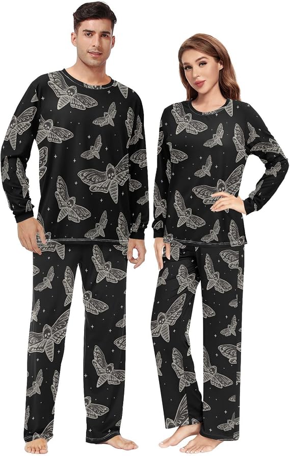 Fustylead Flower Floral Unisex Adult Pajama Set 2 PCS Various of Background Fashion Long Sleeve Soft Sleepwear for Men Women - skull pajamas