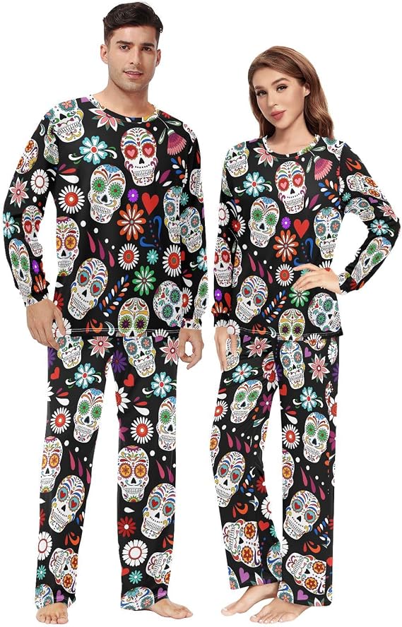 Fustylead Western Cactus Desert Themed Matching Couple Pajama Sets 2 PCS Long Sleeve Lounge Sleepwear for Men & Women - skull pajamas