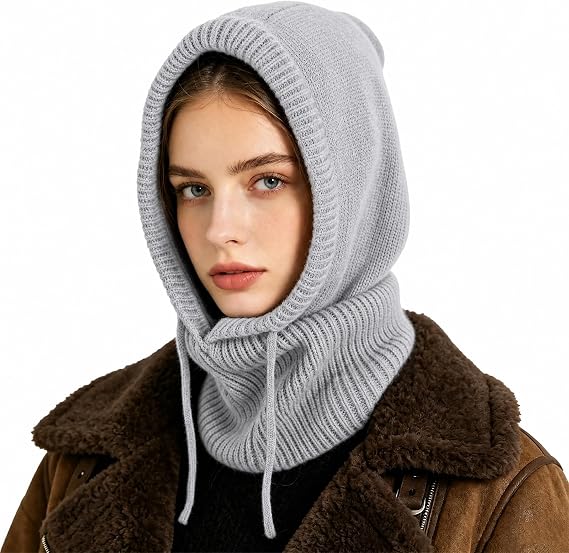 Peicees Oversize Hooded Scarf Hat Knit Balaclava for Women Men Winter Neck Gaiters Beanie Skull Cap Drawstring Neck Warmer - string light