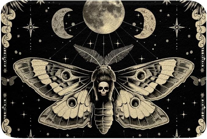 Erosebridal Death Moth Bathroom Rug Set,Black Gothic Skull Bath Mat for Kids Adults Moon and Stars Room Decor,Goth Skeleton Skull Bath Rug Vintage Galaxy Door Mat 20"x32" - skull door mat